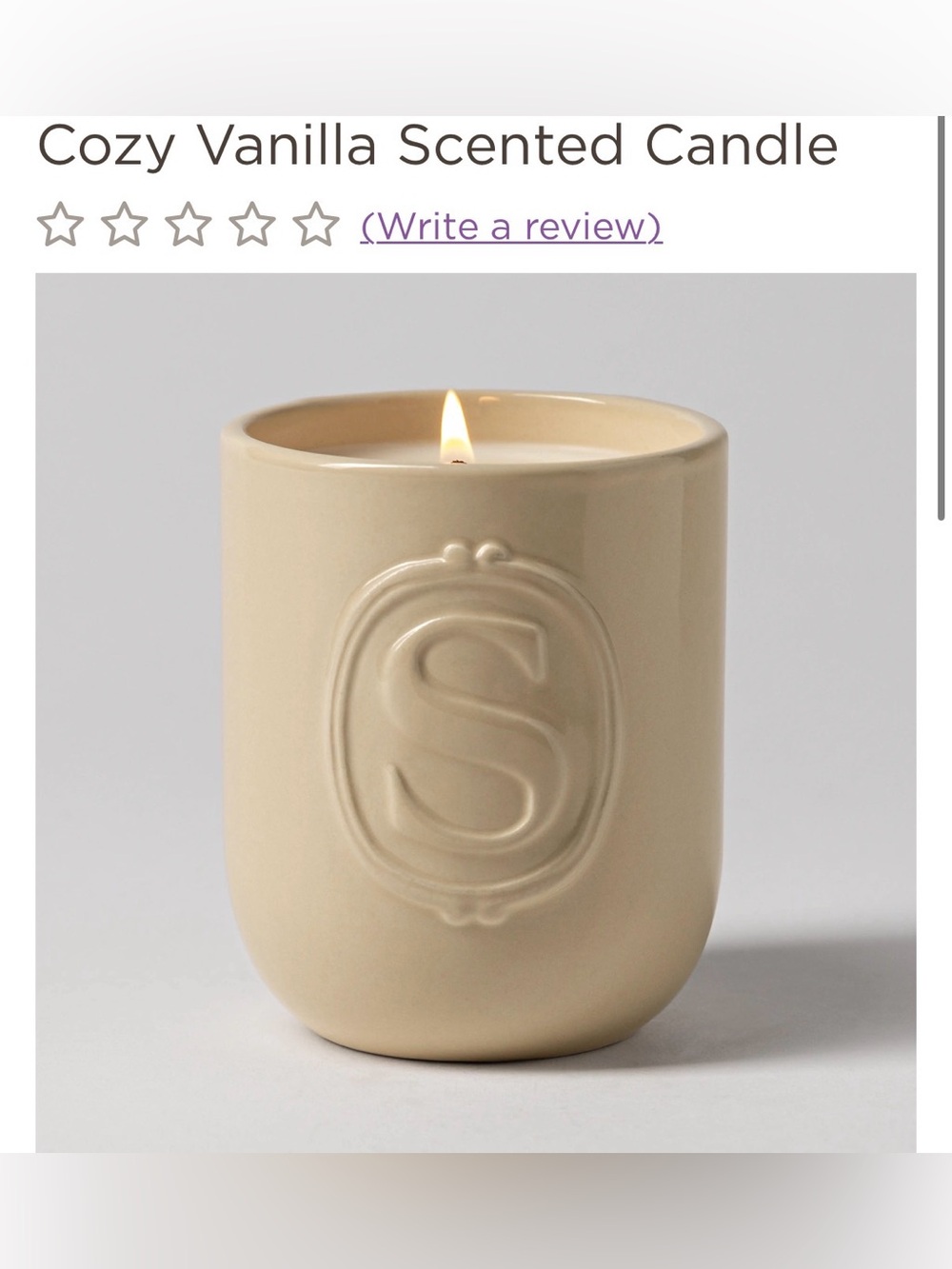 Scentsy Cozy Vanilla Ceramic Candle with Embossed S Monogram